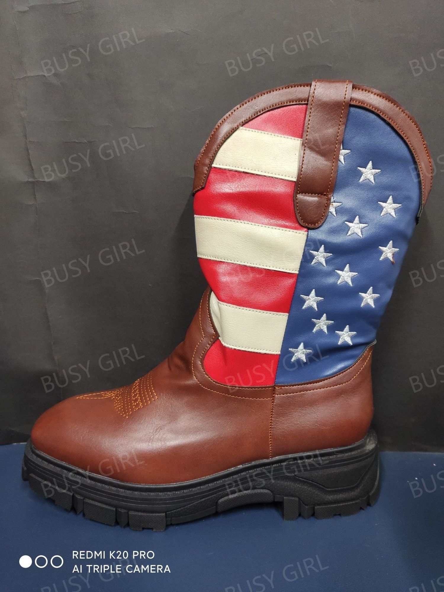 BUSY GIRL XY3023 Vintage Cowboy Flag Chunky Heel Slip On Western Man Boots Cowgirls Retro Autumn Winter Ridding Boots For Women