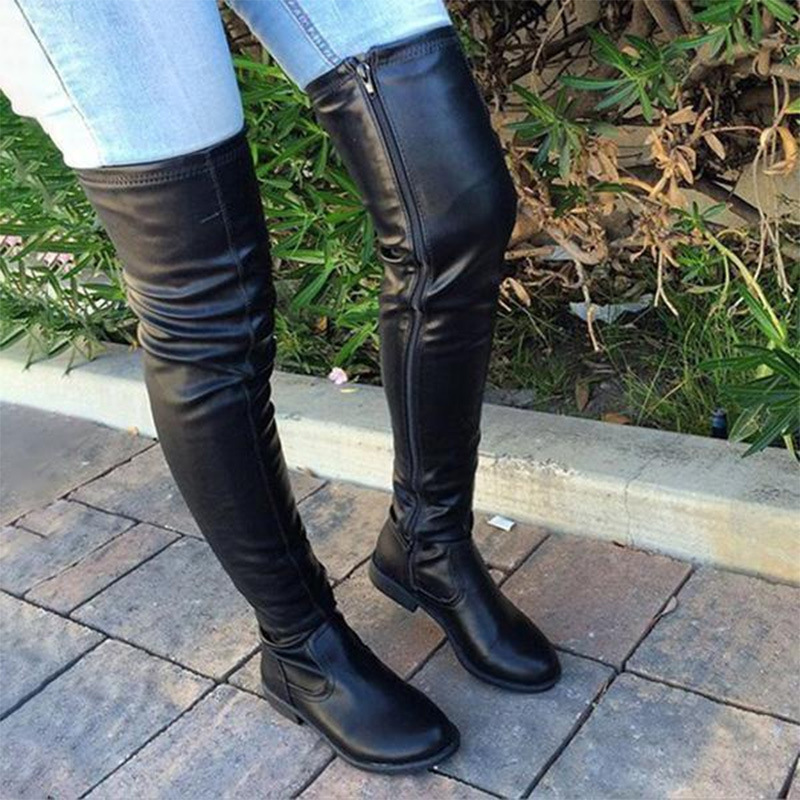 BUSY GIRL MF2111 Women's flat leather thigh high black rubber boots with zipper plus size knee high boots