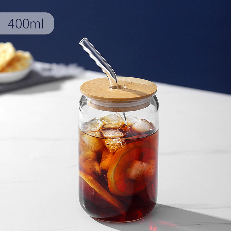 430ml 500ml 630ml  Clear Soda Coffee Juice Milk Boba Drinking Beer Can Shape Glass Cups with Bamboo Lids