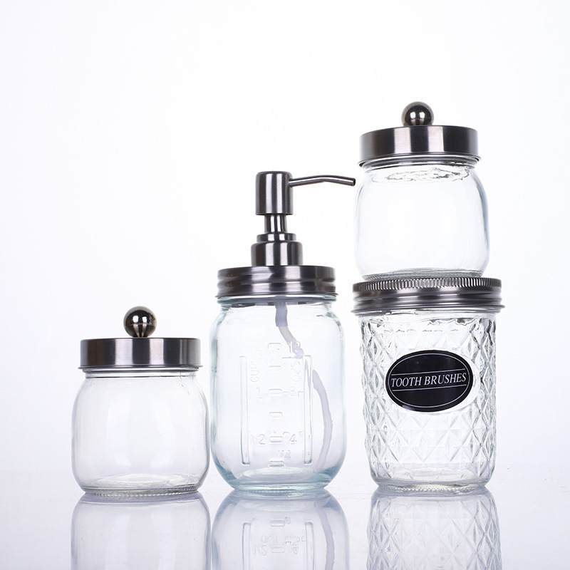 Bathroom toothbrush soap box dispenser cotton swab storage transparent glass Mason jar with pump head in bathroom