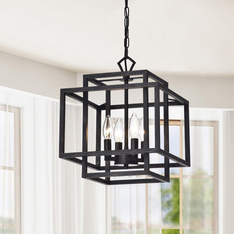 Farmhouse Chandelier, New Modern Drum Chandelier, 4-Light Geometric Farmhouse Light Fixture