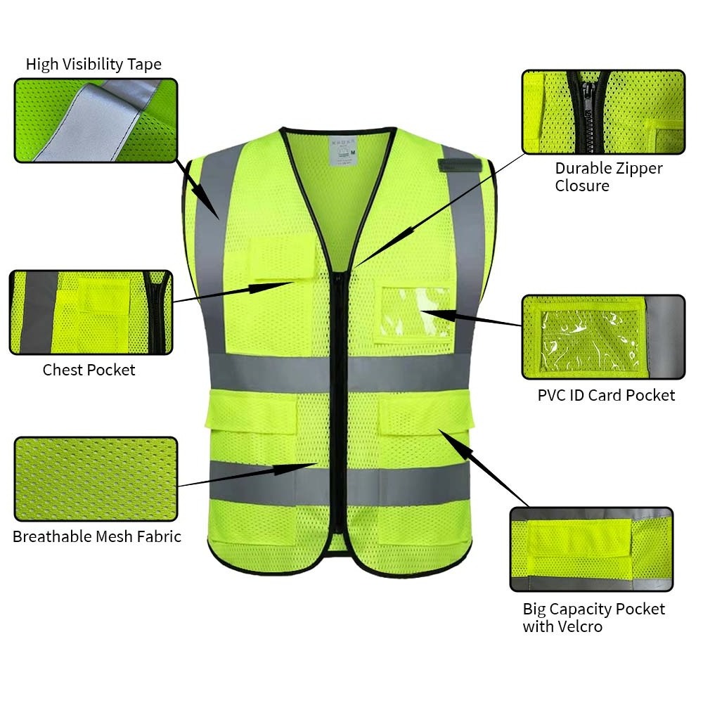 HCLITE  Hot Sale Construction Custom Security Green Safety Reflective Vests with Logo