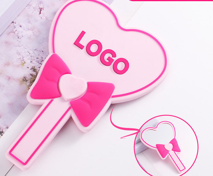 Custom Logo Heart Shape Handheld Cute Beauty Color Cosmetics Mirror Silicone Frame Makeup Mirror For Kids Girl