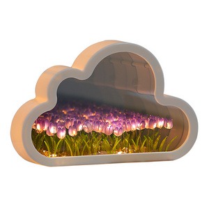 Hot Seller DIY Handmade Cloud Tulip Mirror with Night Light Lampara De Tulipanes Home Decoration Mirror Simulation Flower