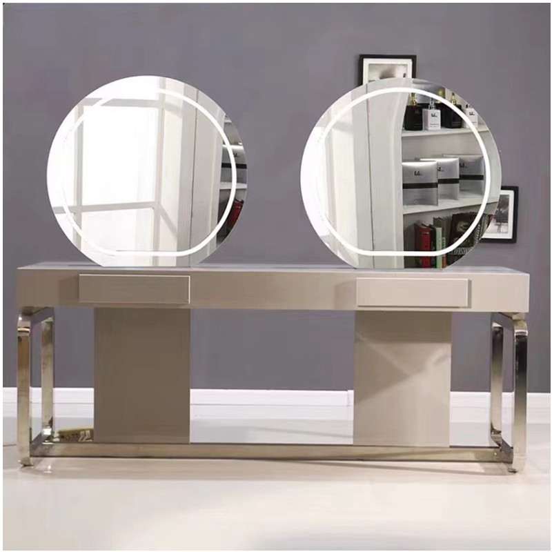 Double Sided Mirror LED Light Stainless Steel Hairdressing Salon Mirror Station Barber Station