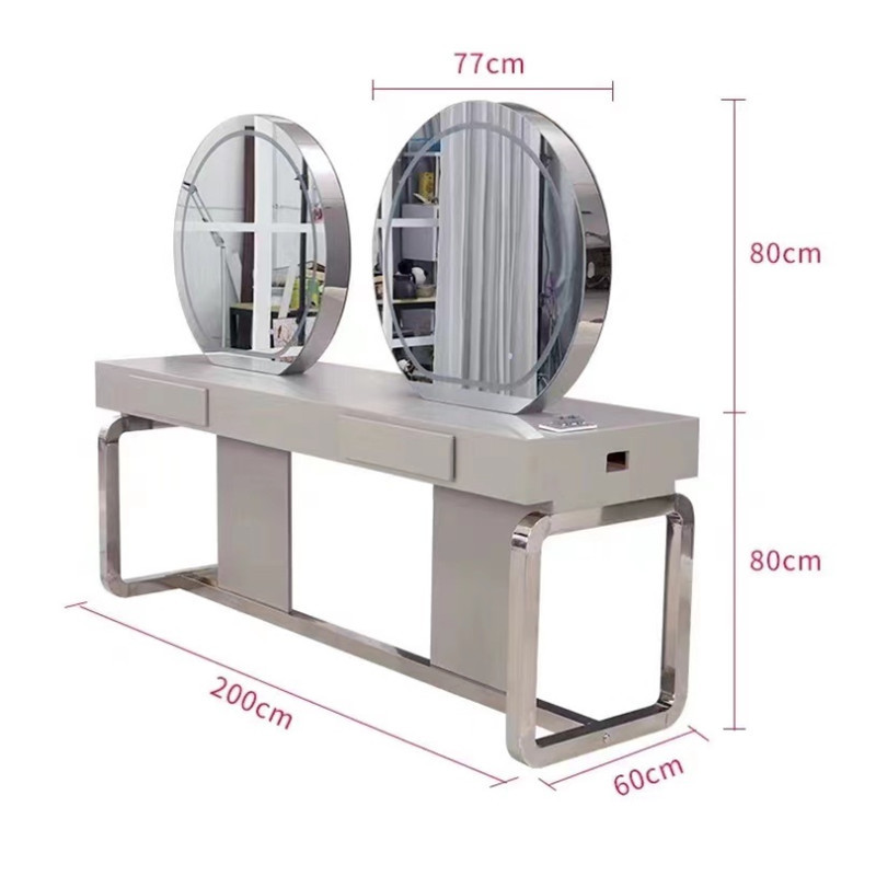 Double Sided Mirror LED Light Stainless Steel Hairdressing Salon Mirror Station Barber Station