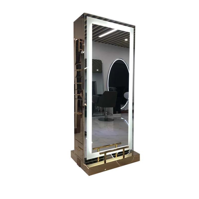 Hairdressing Hair Salon Gold Stainless Steel Double Sided Barber Mirror Station with Storage and Drawer