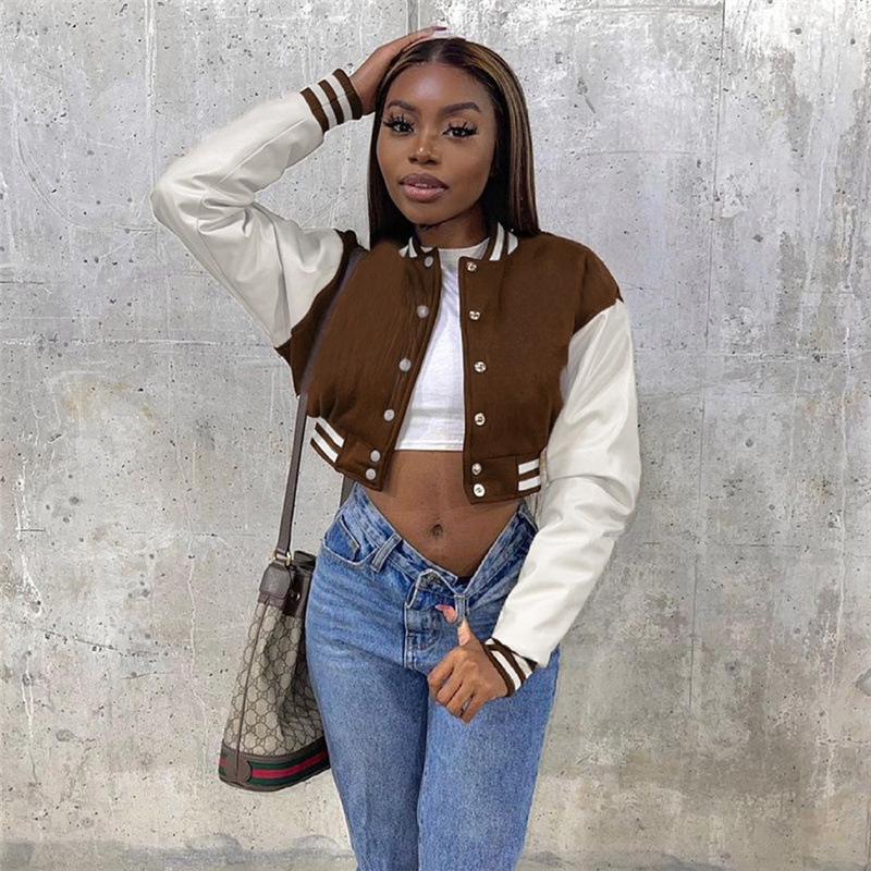 Hot Sale Fall Women Cropped Varsity Jacket Coats Girls' Letterman Jackets Leather Sleeves Bomber Baseball Jackets for Women