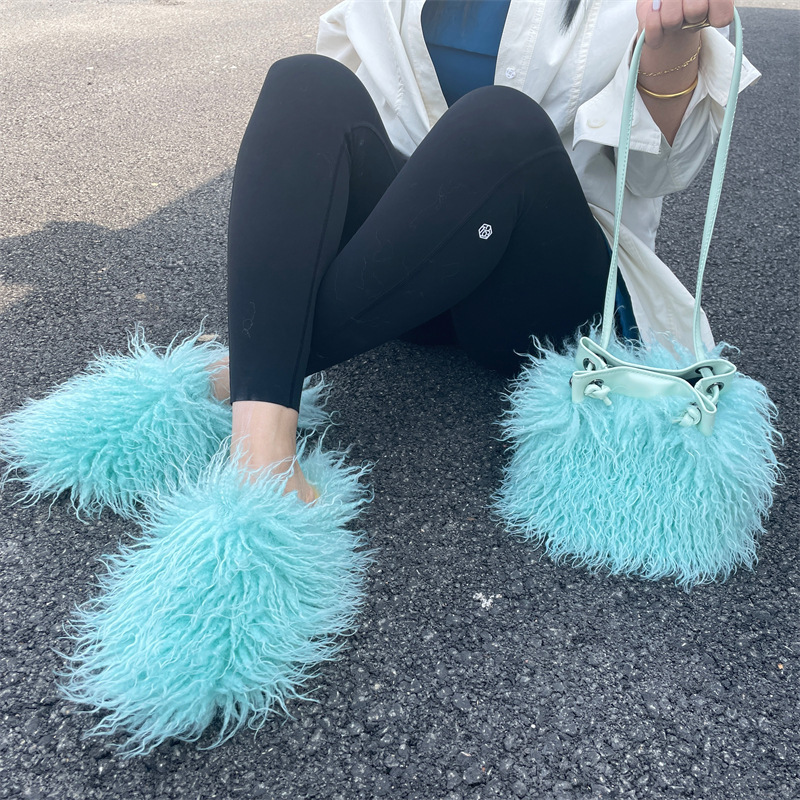 Flat Bottom Fluffy Shoes Fur Handbag Set Long Sheepskin Slide Fluffy Fuzzy Faux Mongolian Goat Hair Slides Slippers For Women