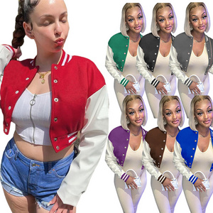 Hot Sale Fall Women Cropped Varsity Jacket Coats Girls' Letterman Jackets Leather Sleeves Bomber Baseball Jackets for Women