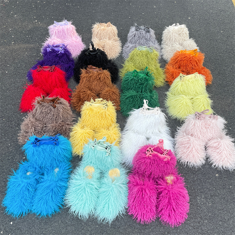 Flat Bottom Fluffy Shoes Fur Handbag Set Long Sheepskin Slide Fluffy Fuzzy Faux Mongolian Goat Hair Slides Slippers For Women