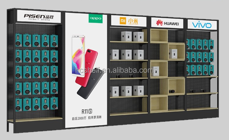 Foshan Cell Phone Showcase for Mobile Phone Accessories Shop Display Decoration Design Wall Display Mobile Phone Shelf