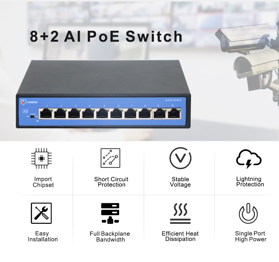 T-shield 8-Port Poe Switch Unmanaged Network Ethernet Poe Switch 48V for Hikvision IP Camera 250m 4 8 9 10 16 24 32 Port