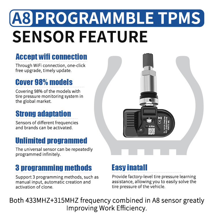 Sorghum universal programable tire gauges pressure monitoring internal tpms programmer 315 433 car tire temperature tpms sensor