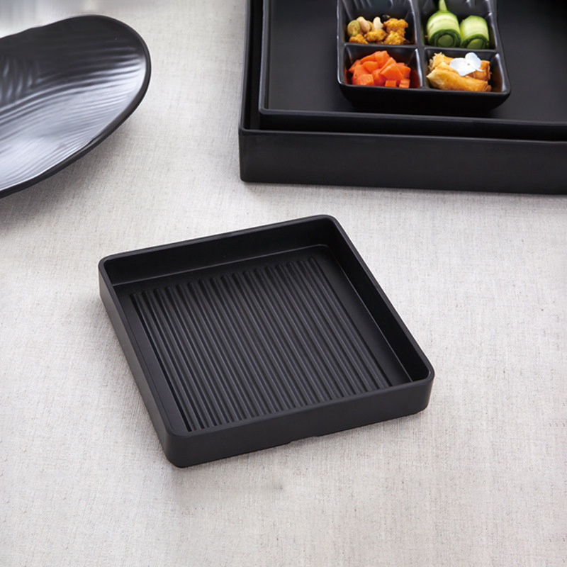 High Quality Restaurant Black Tableware Heat Resistant Sushi Plates Melamine Hot Pot  Plate Trays