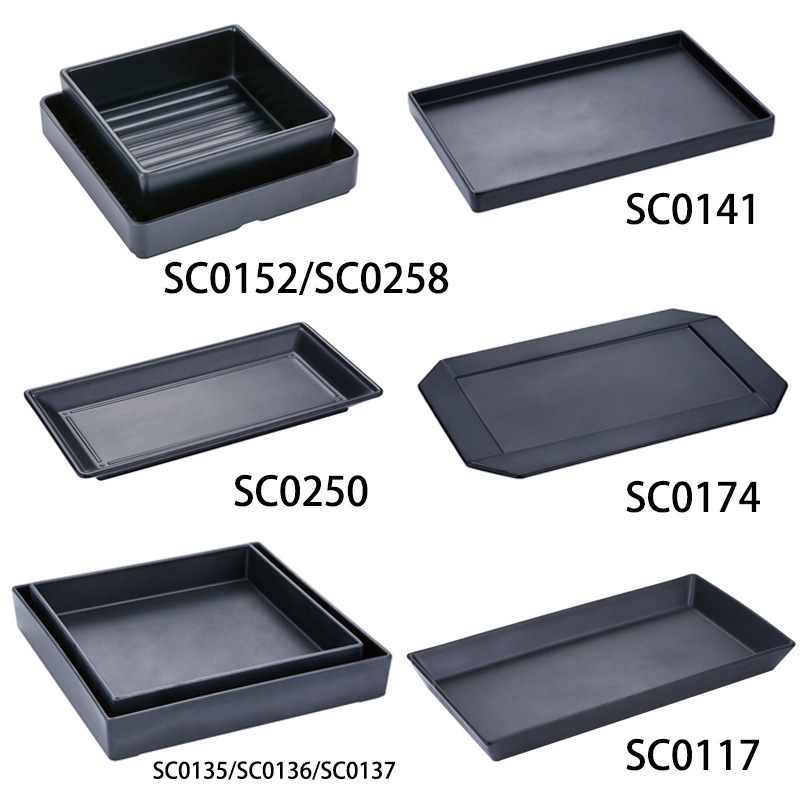 High Quality Restaurant Black Tableware Heat Resistant Sushi Plates Melamine Hot Pot  Plate Trays