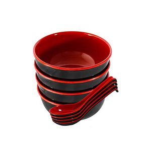 New Japanese Style Plastic Bowls Black Red Melamine Soup Noodle Ramen Bowl with Spoon and Chopsticks