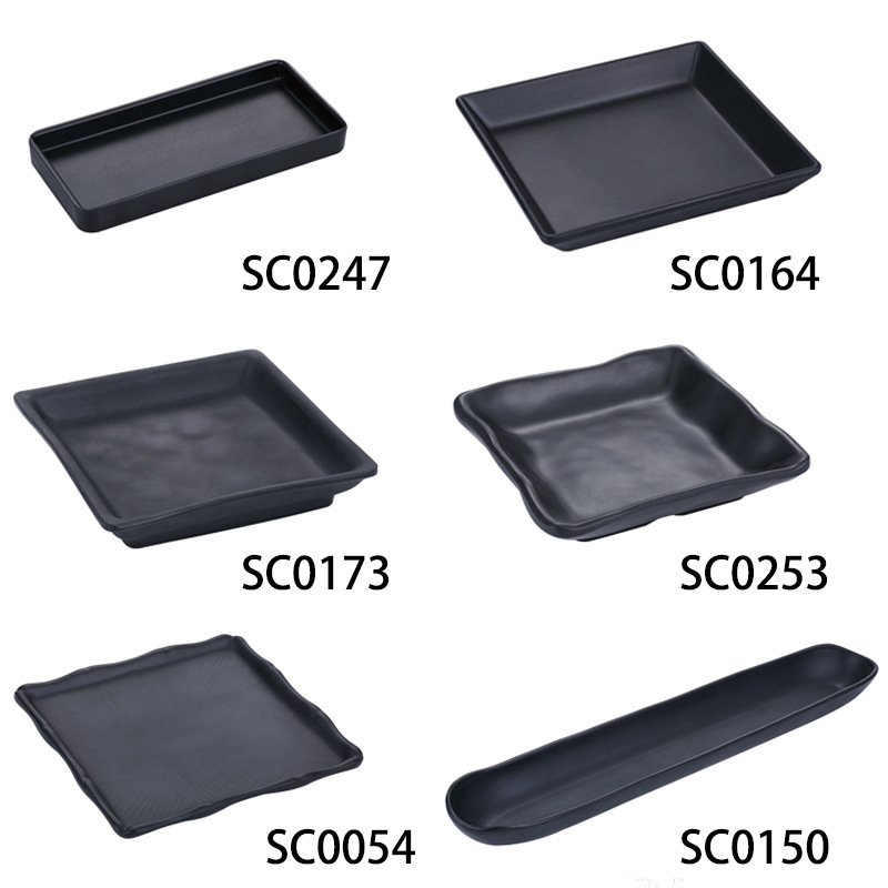 High Quality Restaurant Black Tableware Heat Resistant Sushi Plates Melamine Hot Pot  Plate Trays