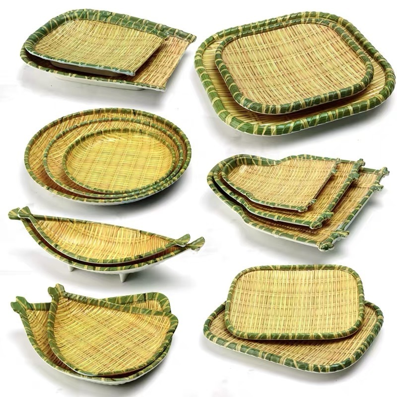 Food grade bamboo pattern melamine plastic dinner rattan plates rattan plate chargers