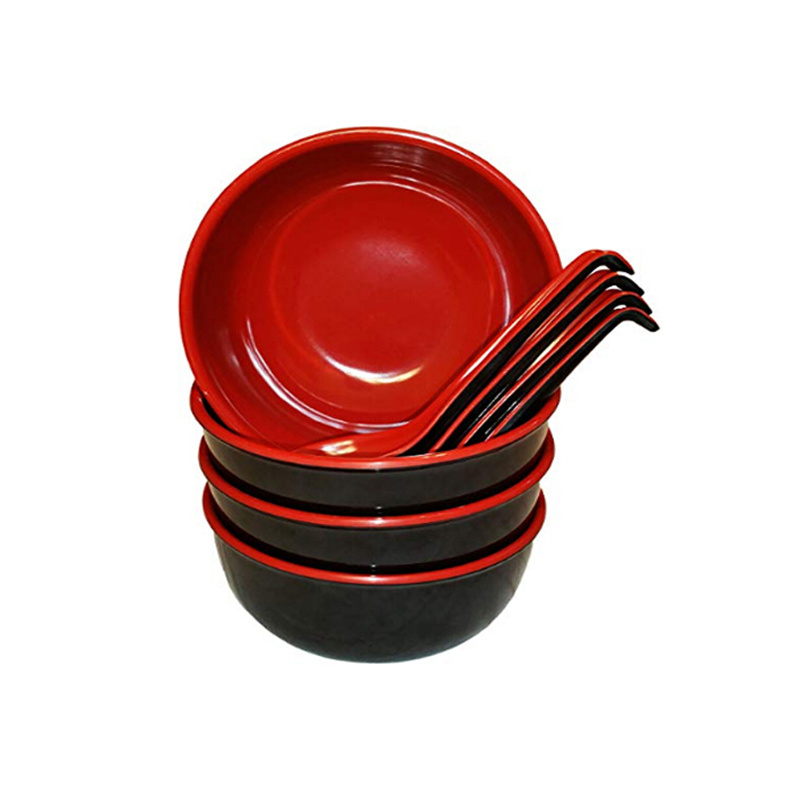 New Japanese Style Plastic Bowls Black Red Melamine Soup Noodle Ramen Bowl with Spoon and Chopsticks