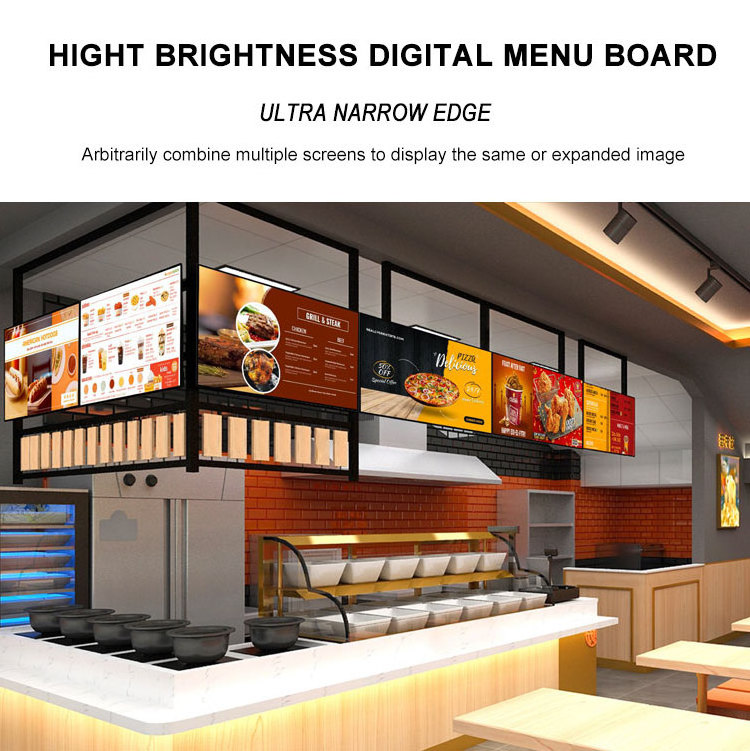 HDFocus 32 43 49 50 55 inch Hanging Digital Menu Board  Sign Billboard Advertising Menu Display Screen for Fast Food Restaurants