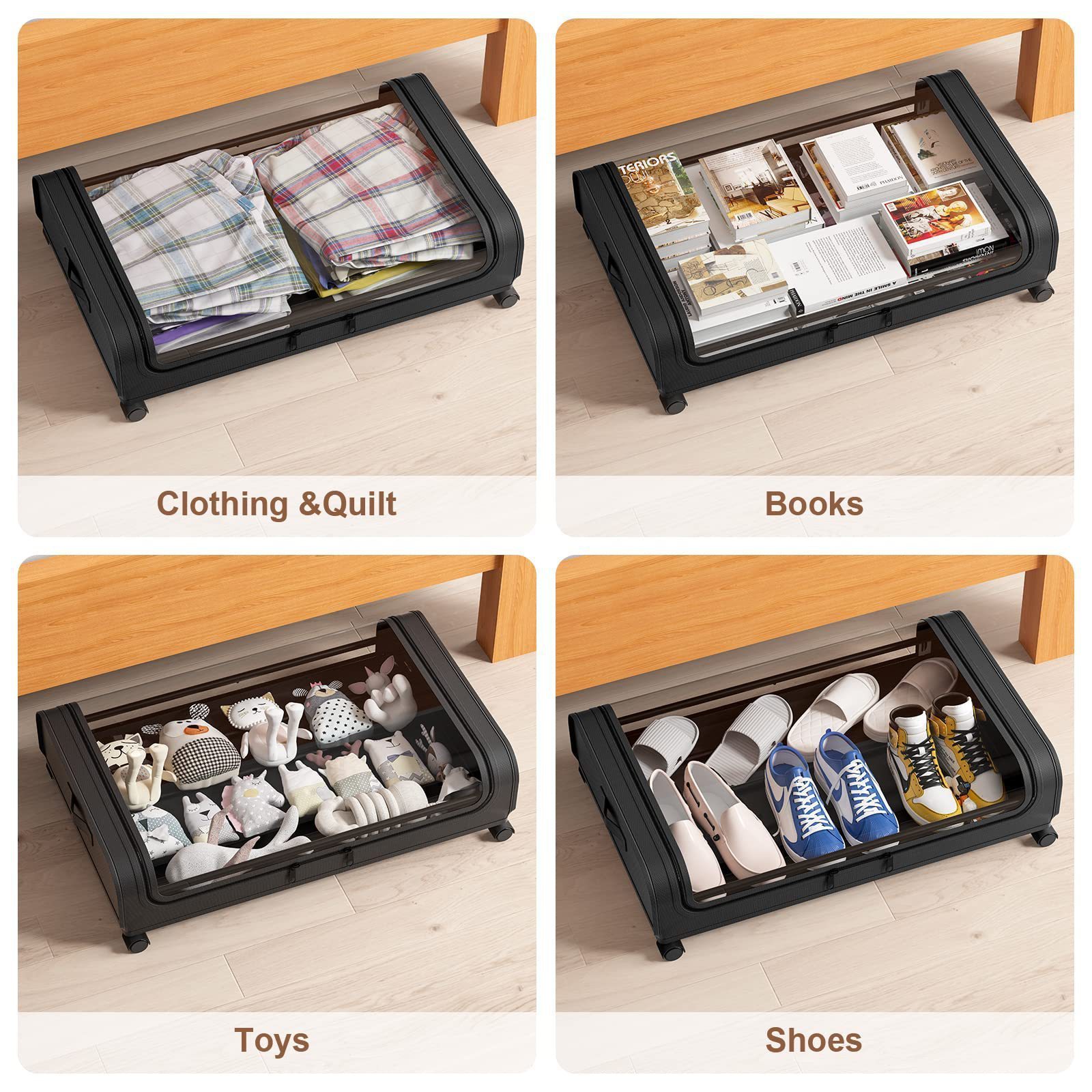 HDANI Transparent Lid Clothes Shoes Organizer Removable Under Sofa Bed Storage Box With Wheels