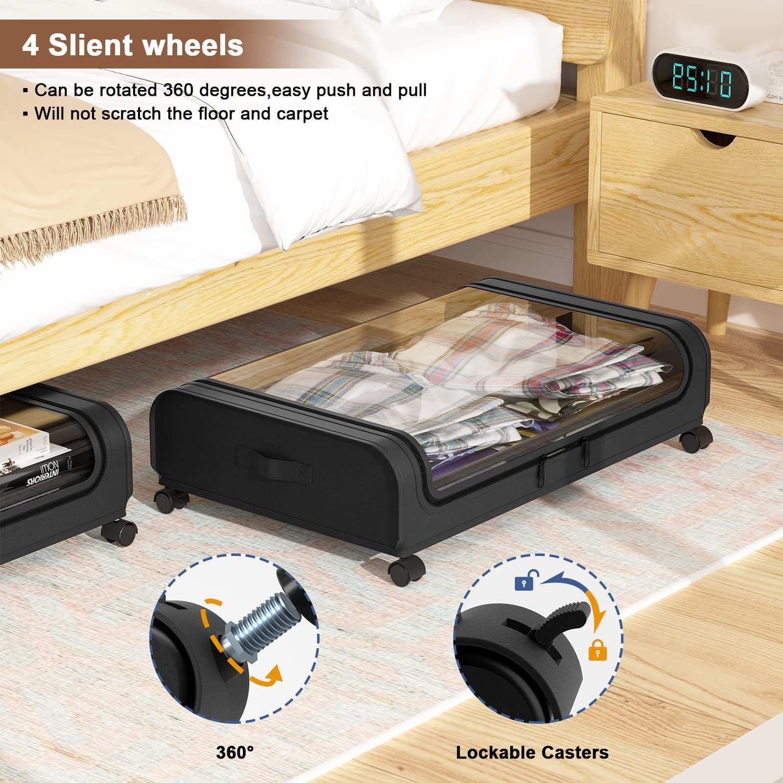 HDANI Transparent Lid Clothes Shoes Organizer Removable Under Sofa Bed Storage Box With Wheels