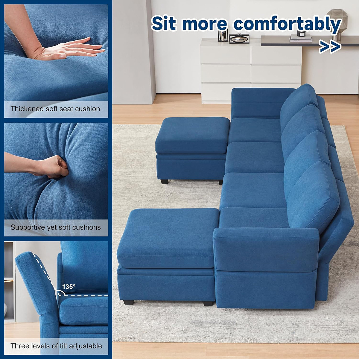 Convertible Sectional Sofa Couch 4 Seat Sofa Set for Living Room U-Shaped Modern Fabric Sleeper with Double Chaise & Memory Foam