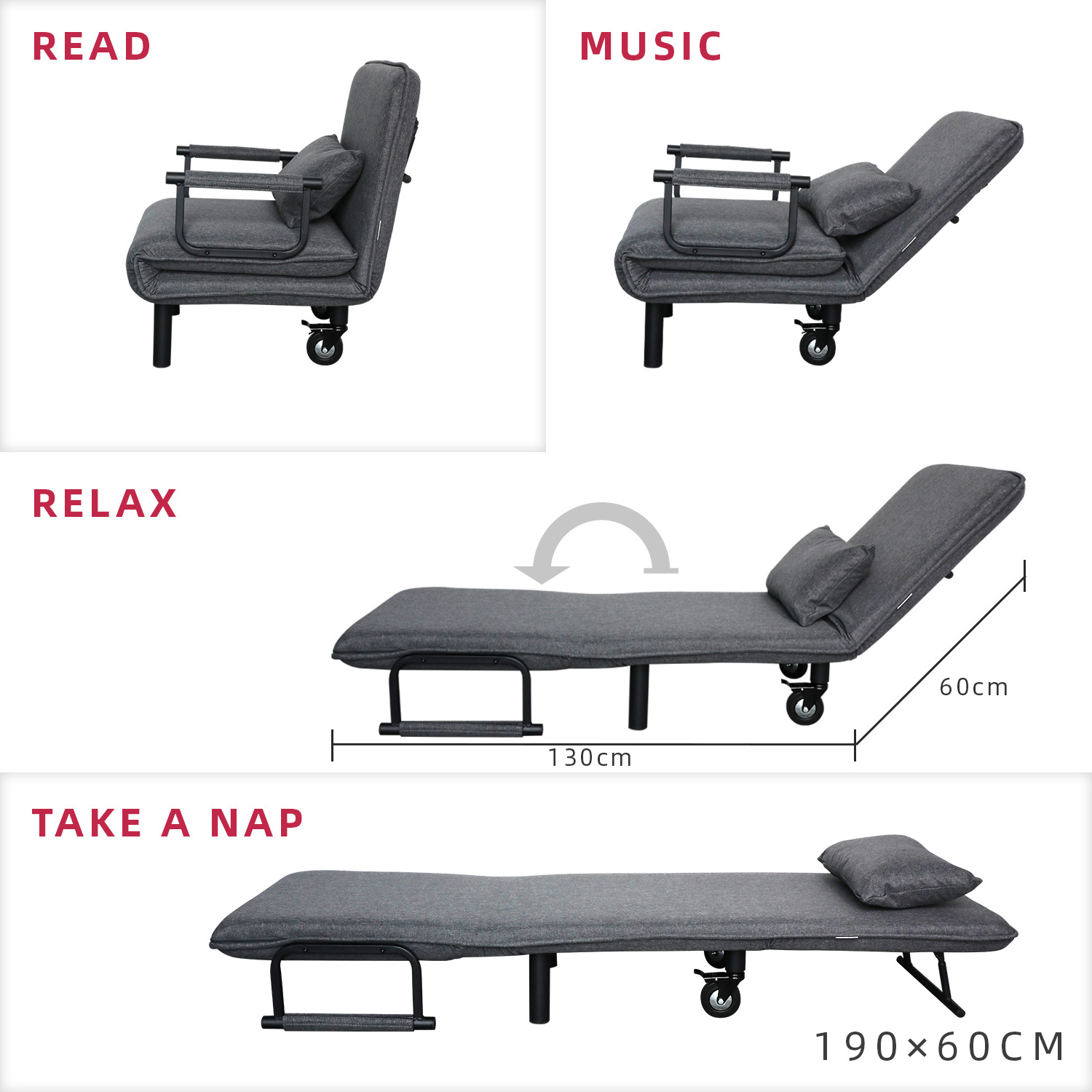 Foldable and Transformable Fabric Lounge Sofa Bed Chair Accent Chair Armchair with Metal Legs Metal Handrail Universal Wheels