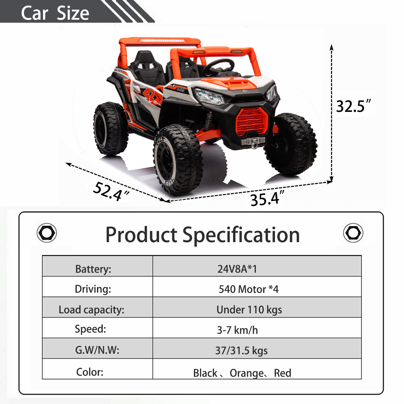 24V 4WD Ride on Car Truck Shock Absorbers, Electric Car W/remote Control, Slow/high Speed Kids for Kids Ages 3+ UTV, 2 Seats, 4