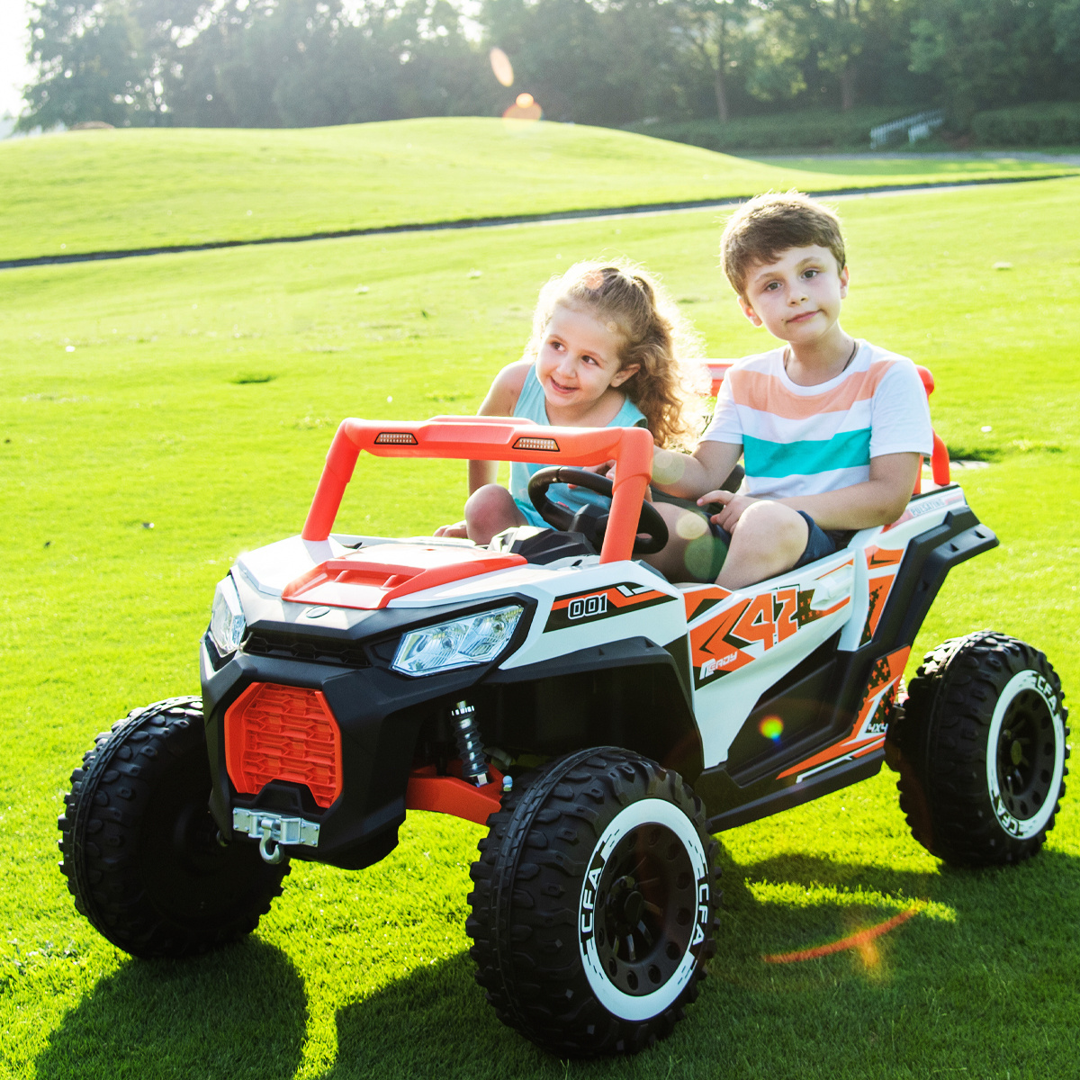 24V 4WD Ride on Car Truck Shock Absorbers, Electric Car W/remote Control, Slow/high Speed Kids for Kids Ages 3+ UTV, 2 Seats, 4