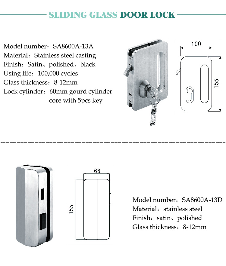 HDSAFE Stainless Steel Door Lock With Handle 8-12mm Glass Sliding Door hook lock office shop security aluminum sliding door lock