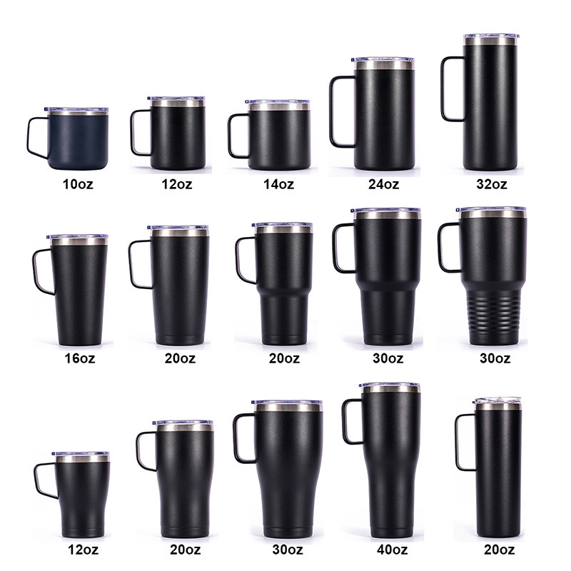 Custom logo vacuum insulated 12oz 14oz camping travel coffee mugs stainless steel with handle