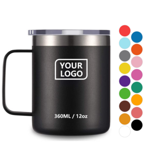 Custom logo vacuum insulated 12oz 14oz camping travel coffee mugs stainless steel with handle