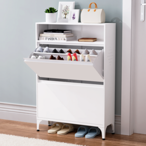 Metal Shoe Storage Cabinet with 2 Flip Drawer for Entryway Free Standing & Wall-Mounted Shoe Rack Cabinet