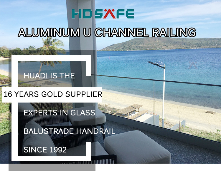 Aluminum u channel balcony glass railing fitting stainless steel balustrade handrail system frameless fence clamp spigot railing