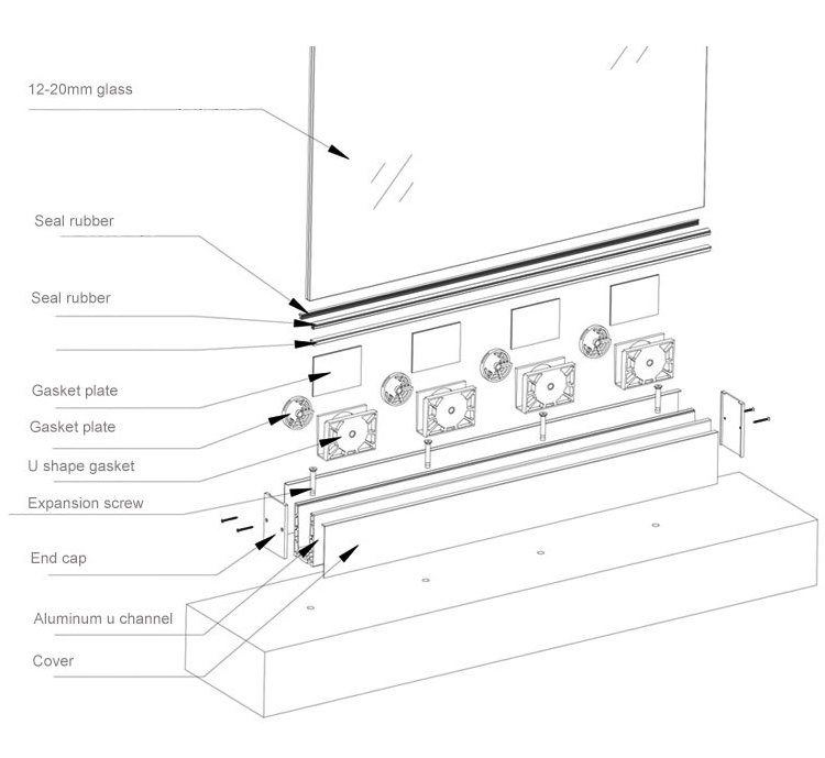 Railing fence accessories outdoor balcony glass frameless balustrade railing clamp aluminum u channel system patio glass railing