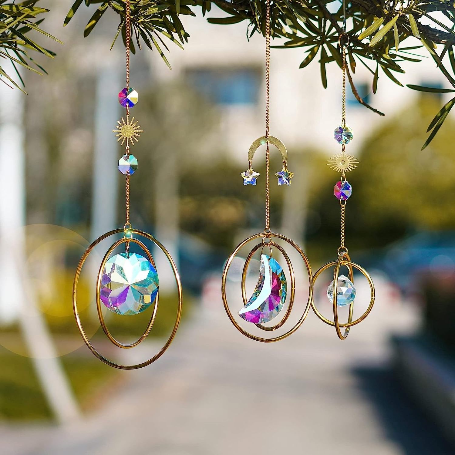 Set 3 Crystal Hanging Decorations - Sun & Moon Suncatcher Window Car Hanging Ornament Pendant,Boho Love Wall Decoration