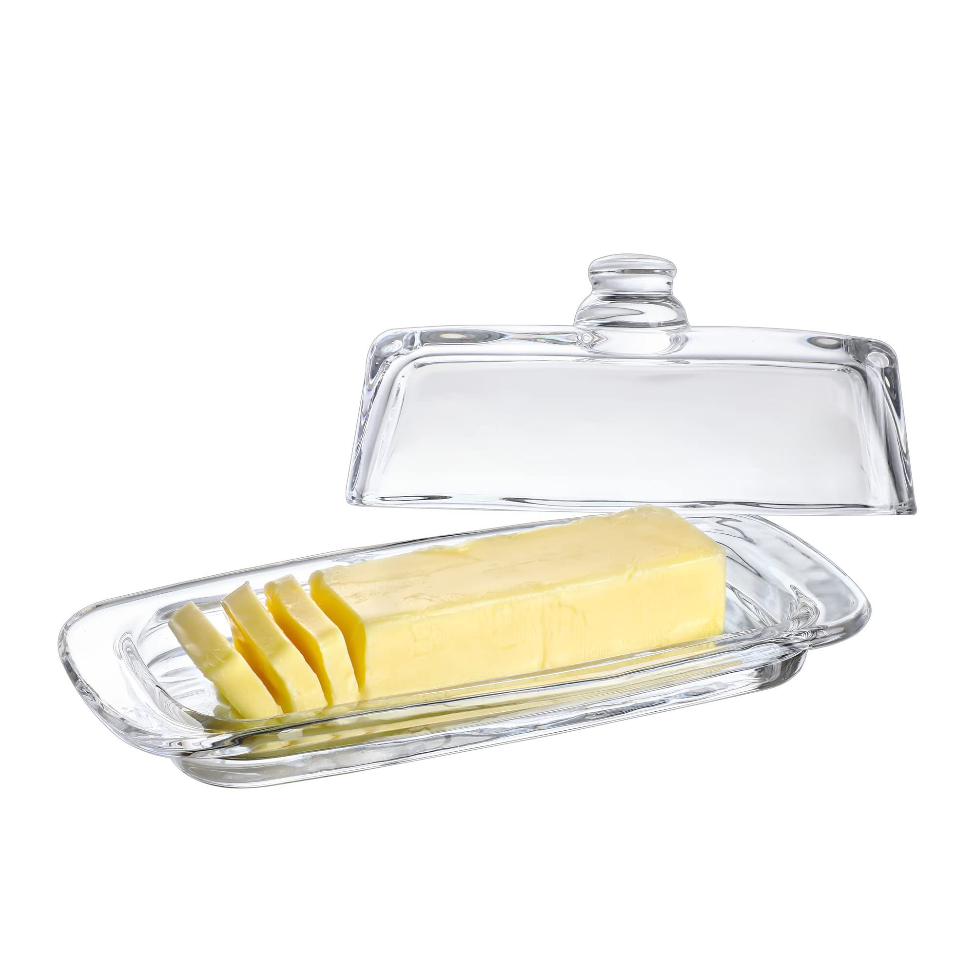 8'' Art Glass Butter Dish with Lid, Multi-purpose Preserving Serving Dessert Tray Bowl Cute Food Container Party Clear Rectangle