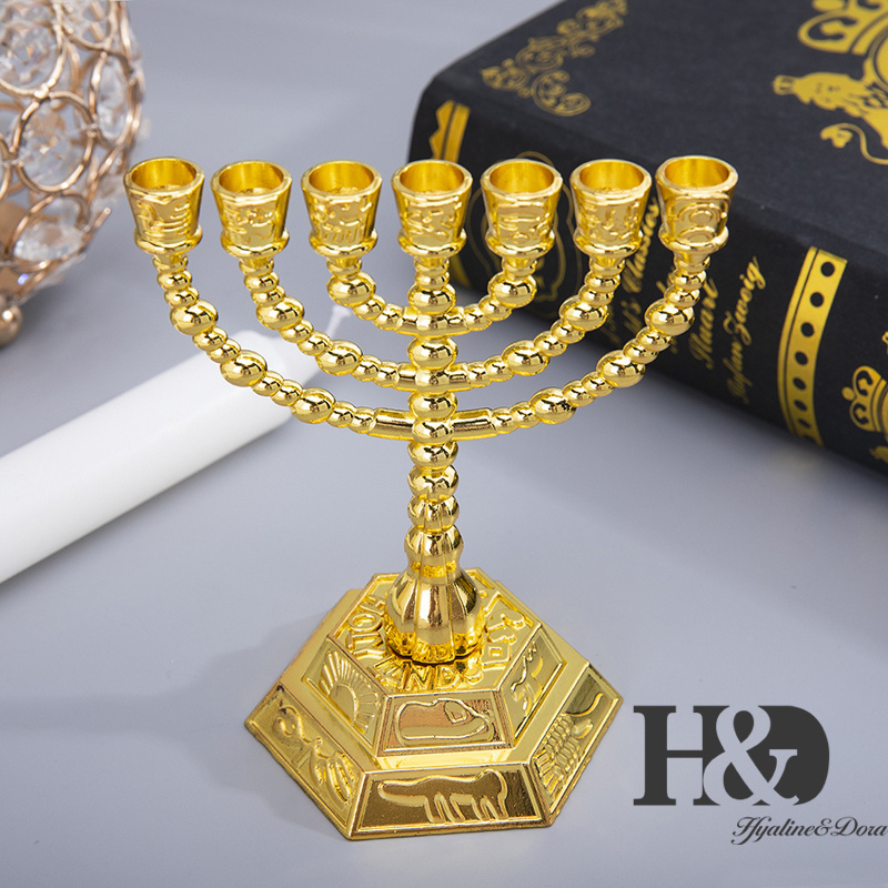 H&D Small Menorah Gold Candelabra 7 Candle Holder Wedding Home Table Centerpieces