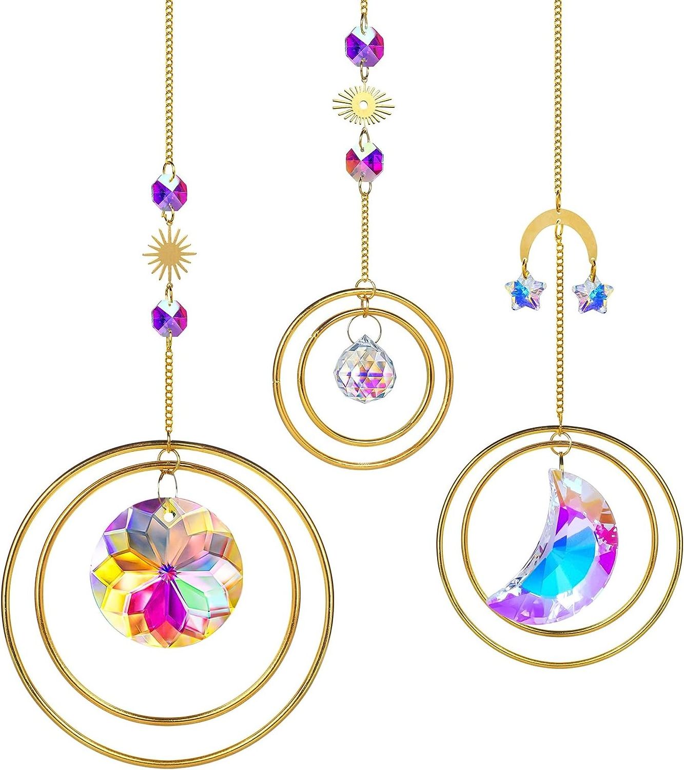 Set 3 Crystal Hanging Decorations - Sun & Moon Suncatcher Window Car Hanging Ornament Pendant,Boho Love Wall Decoration