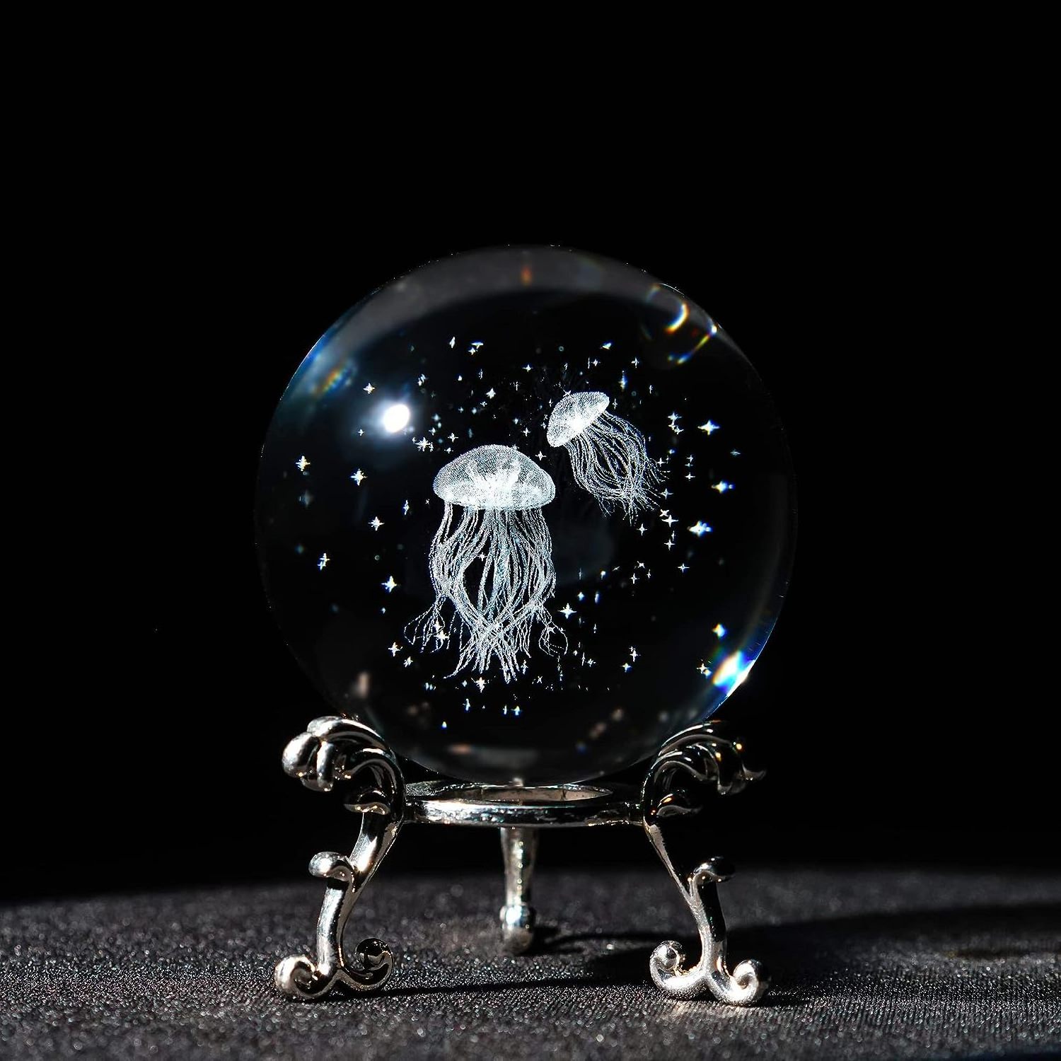 3D Laser Engraved Jellyfish with Star Ocean Crystal Decorative Ball Figurine Home Art Decoration