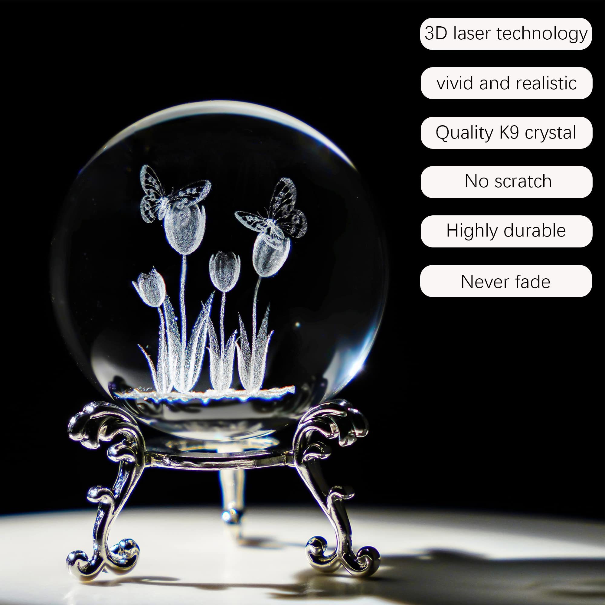 60mm 3D Laser Crystal Tulip Ball with Butterflies Paperweight