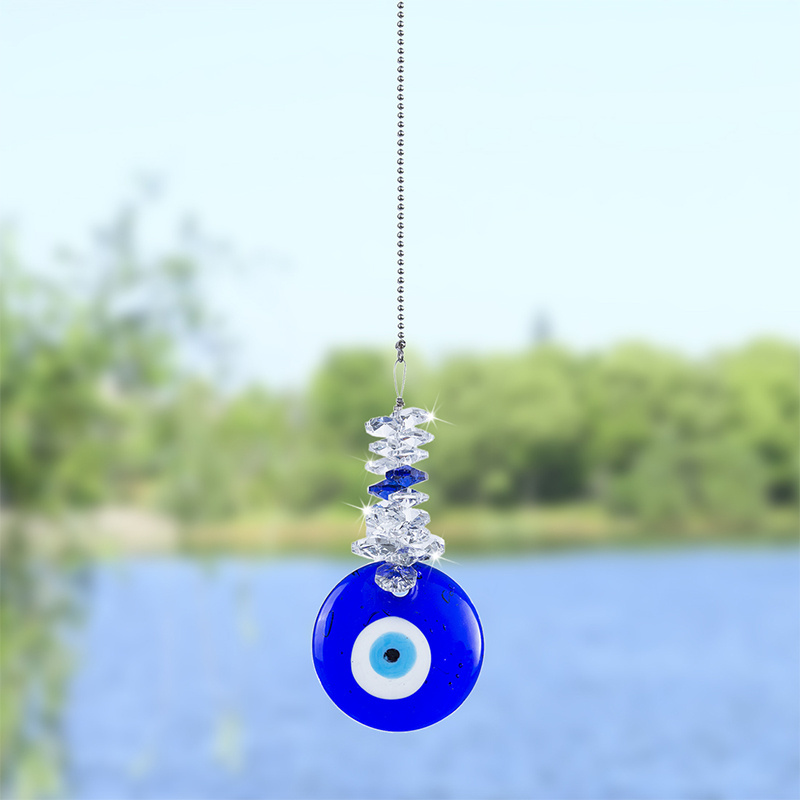 Blue Glass Evil Eye Talisman with Crystal Beads Good Luck Charm Home Office Car Decoration Blessing Ornaments