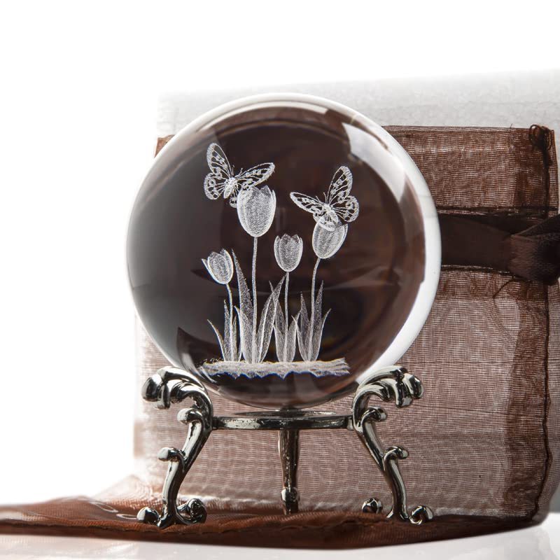 60mm 3D Laser Crystal Tulip Ball with Butterflies Paperweight