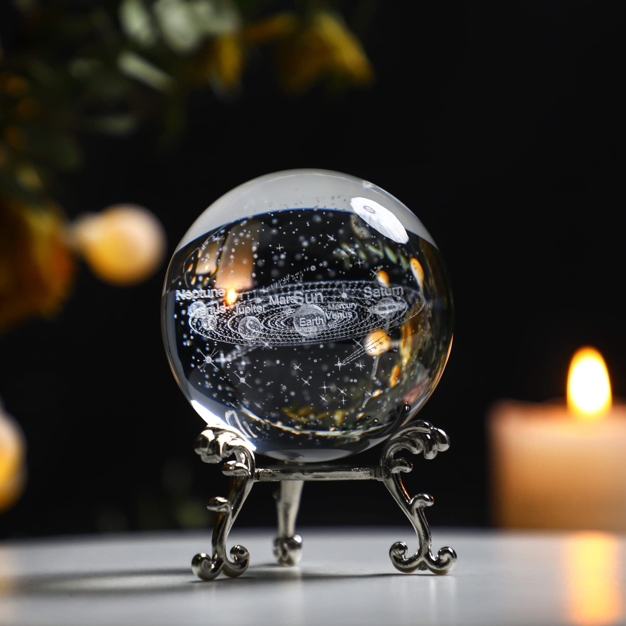 60mm 3D Laser Engraved Solar System Crystal Ball Figurine Base Feng Shui Decorative Ball with Silver Clear Carved Crystal