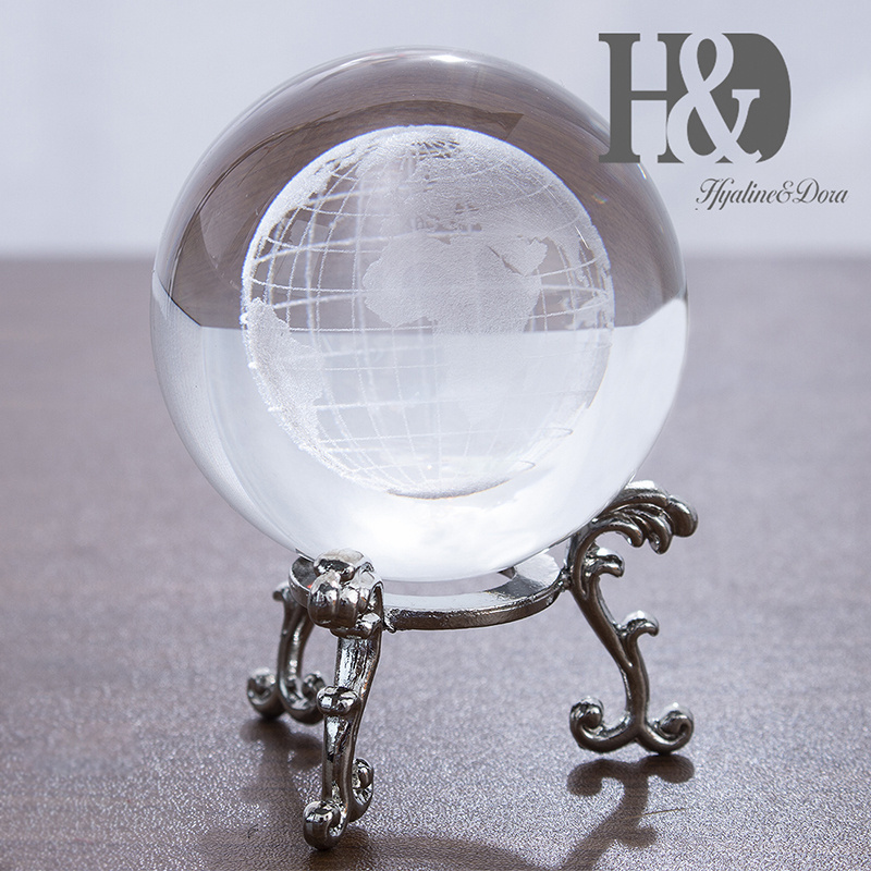 H&D World Globe Crystal Ball Glass Sphere Display Paperweight Healing Meditation Ball with Metal Stand for Creative Gift Pouch