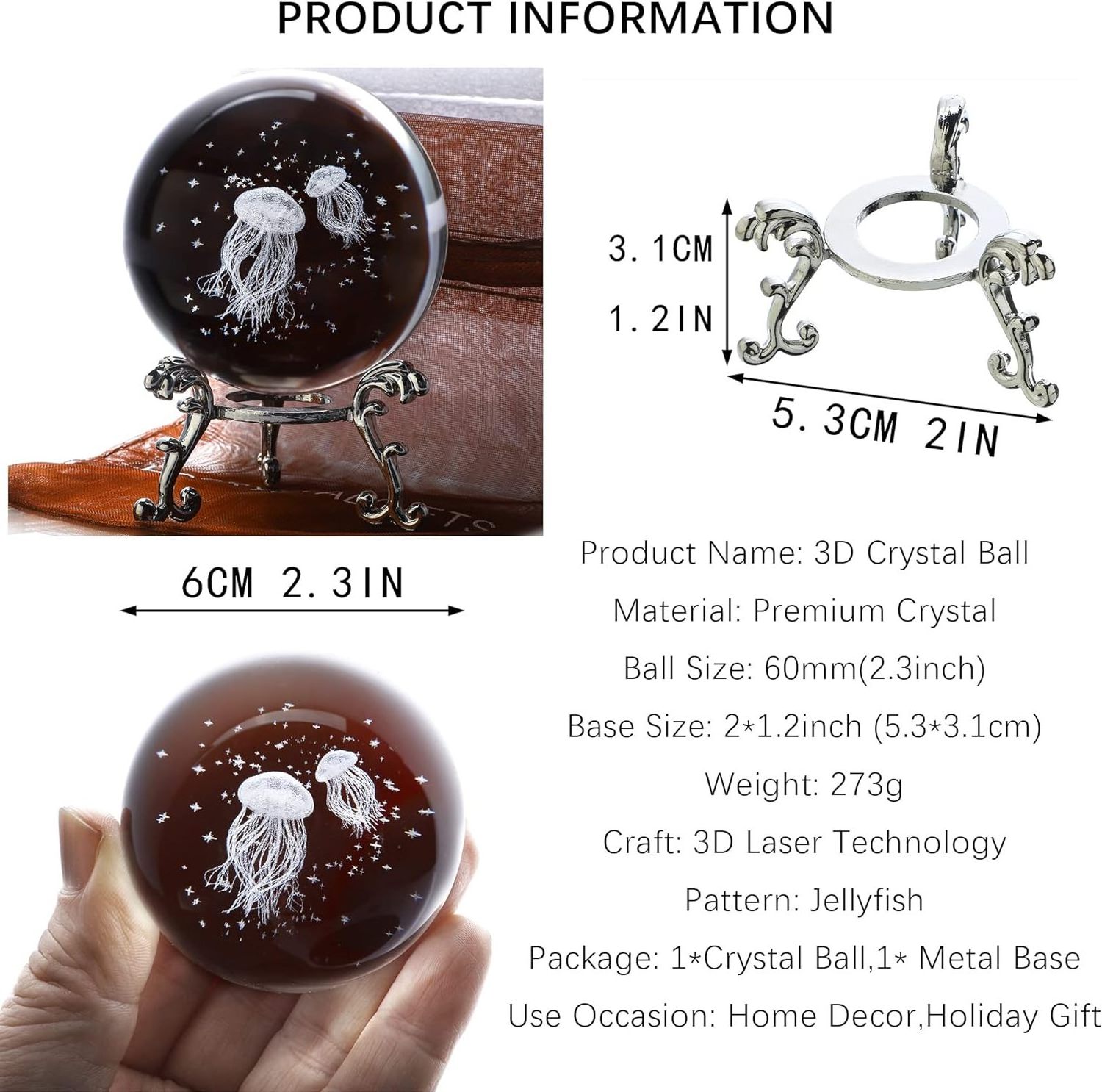 3D Laser Engraved Jellyfish with Star Ocean Crystal Decorative Ball Figurine Home Art Decoration