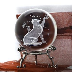 2.5in Cat Crystal Ball with Stand 3D Laser Engraved Decorative Art Crystal Sphere Glass Ball Paperweight