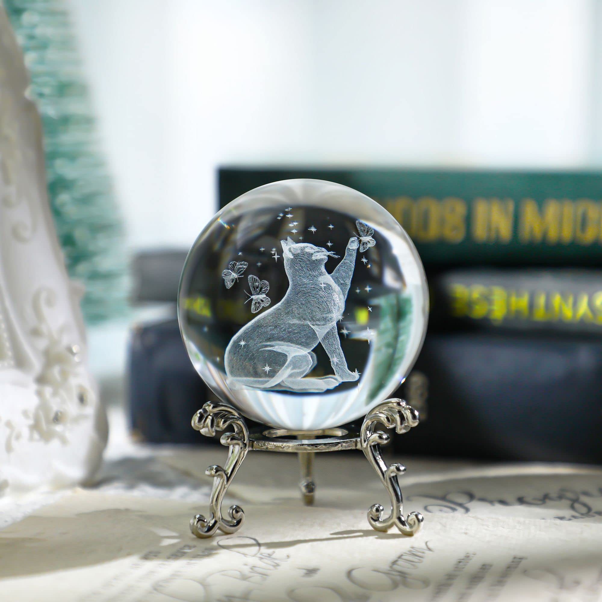 2.5in Cat Crystal Ball with Stand 3D Laser Engraved Decorative Art Crystal Sphere Glass Ball Paperweight